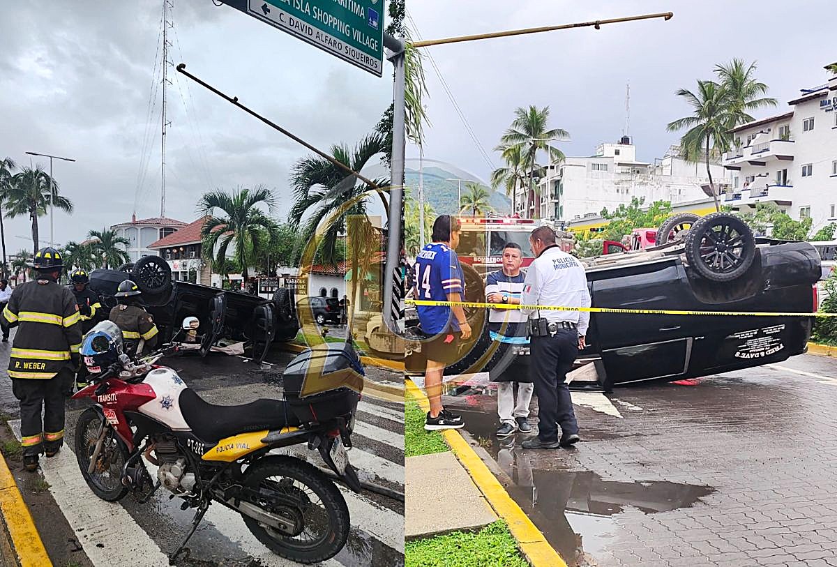 Camioneta vuelca y es auxiliada en Puerto Vallarta