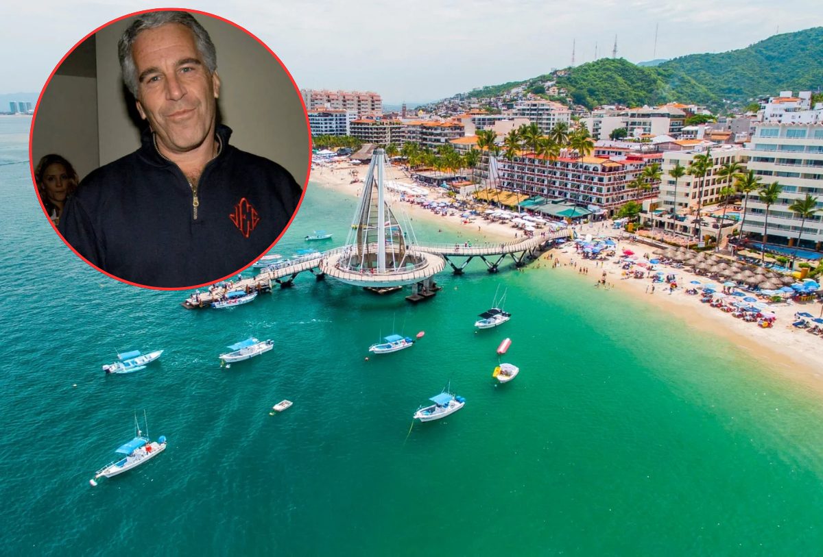 el fondo es puerto vallar y una foto de Jeffrey Epstein
