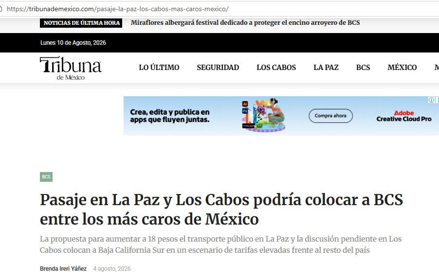 Noticia sobre el costo del pasaje en Los Cabos