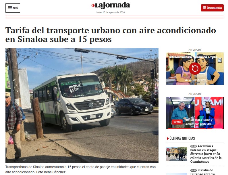 Nota sobre el costo de pasaje en Mazatlán, Sinaloa