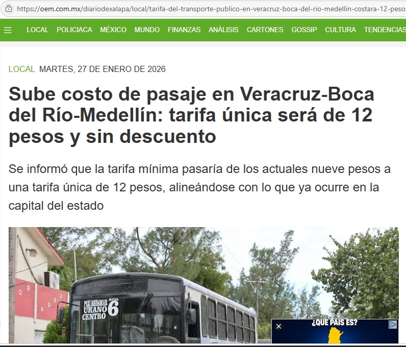 Nota sobre el costo del pasaje en Veracruz