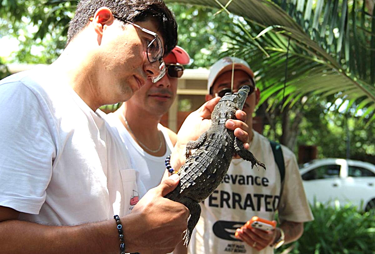 Joven sostiene cocodrilo en el Estero El Salado